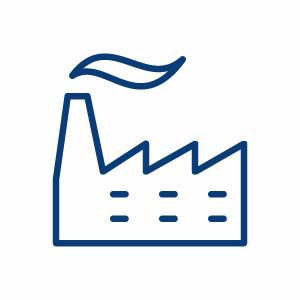 Et symbol i blå, der viser en fabrik med røg op ad skorstenen