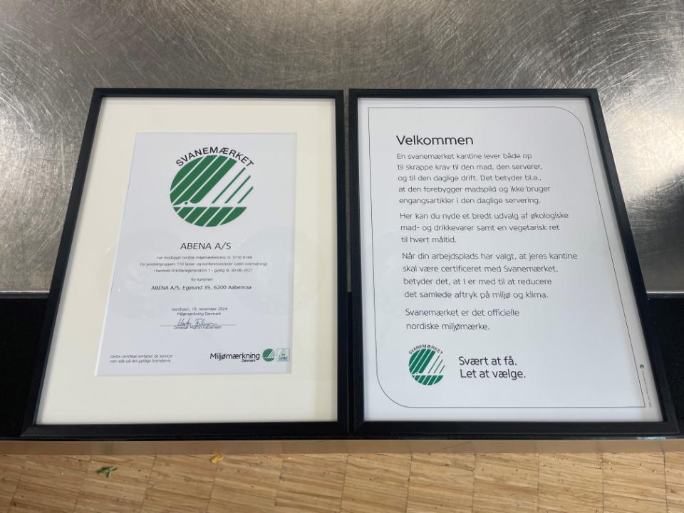 ABENAs diplom for certificeringen med Svanemærket