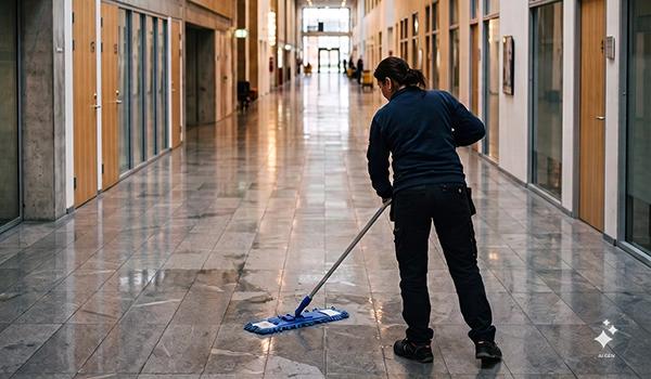 Dame der vasker gulv med et mop