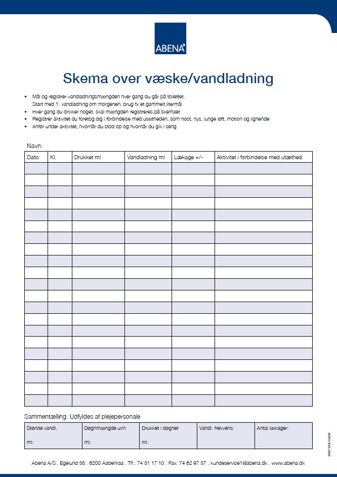 Forside skema over væske/vandladning