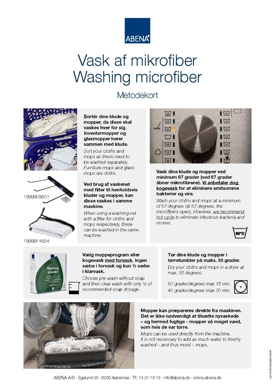 Metodekort, som viser, hvordan man vasker microfiber.