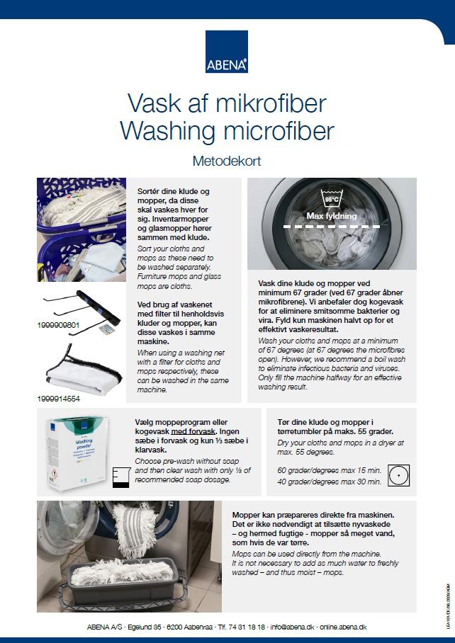 Metodekort, som viser, hvordan man vasker microfiber.
