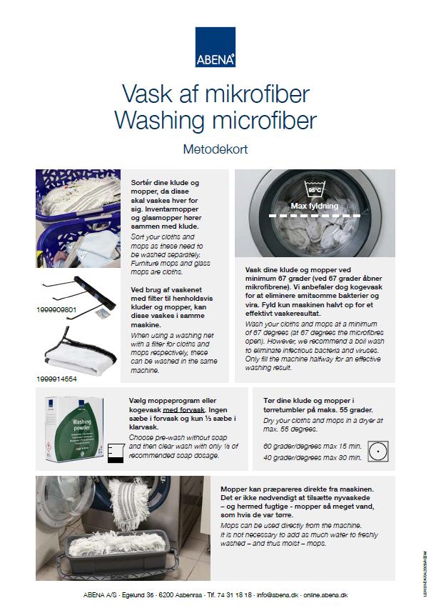 Metodekort, som viser, hvordan man vasker microfiber.